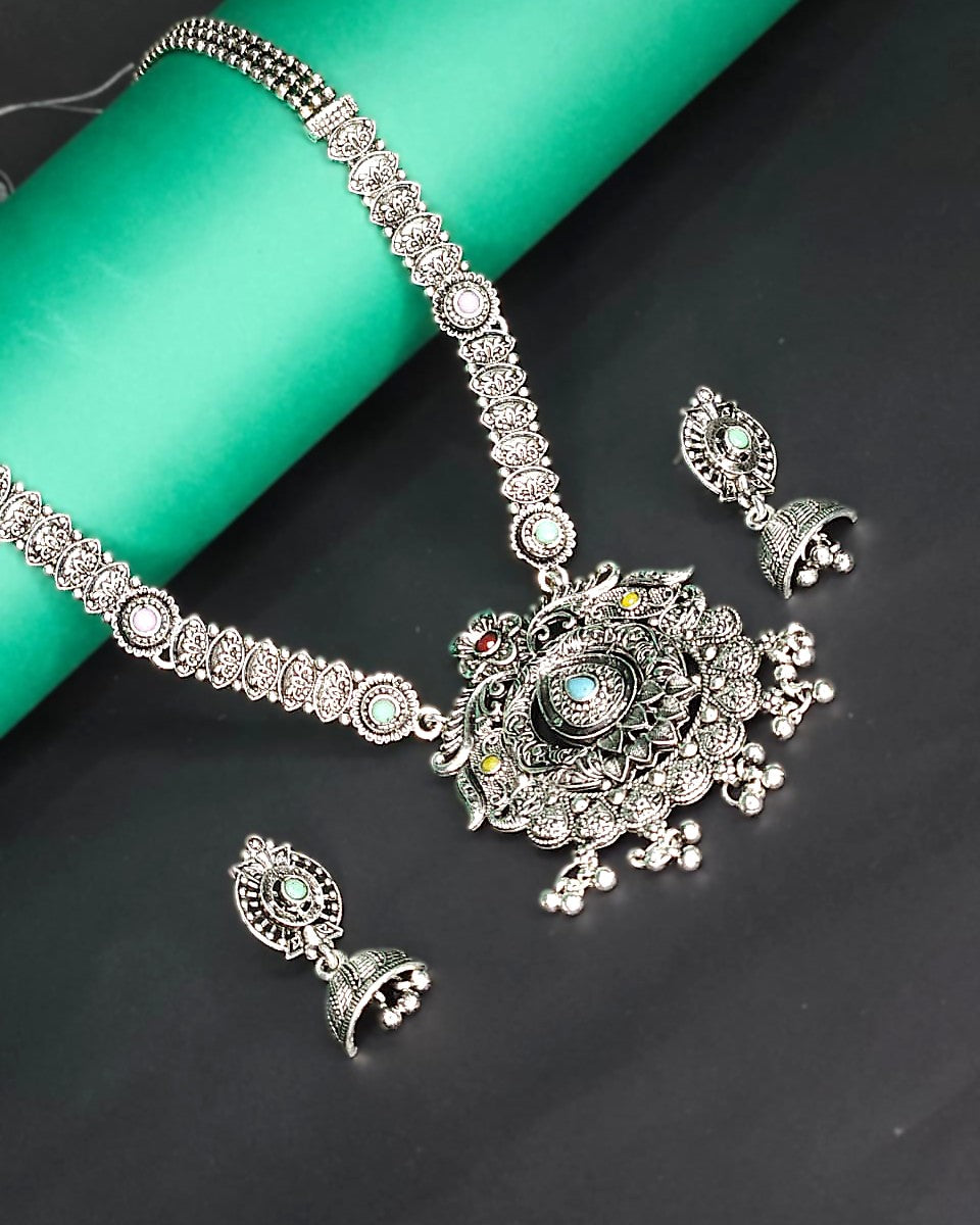 Antique Oxidized Long Necklace Set - Blue