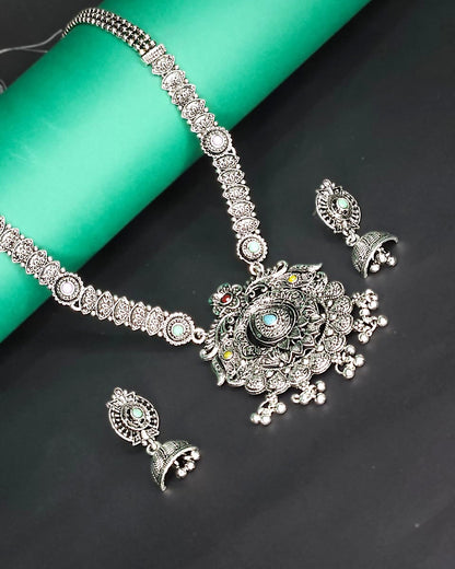 Antique Oxidized Long Necklace Set - Blue