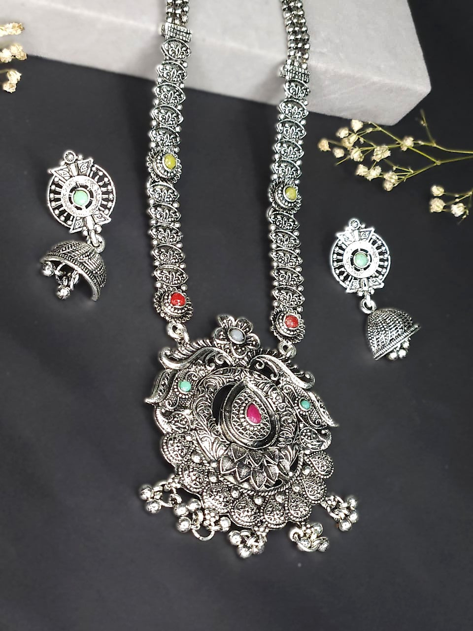 Antique Oxidized Long Necklace Set  - Pink