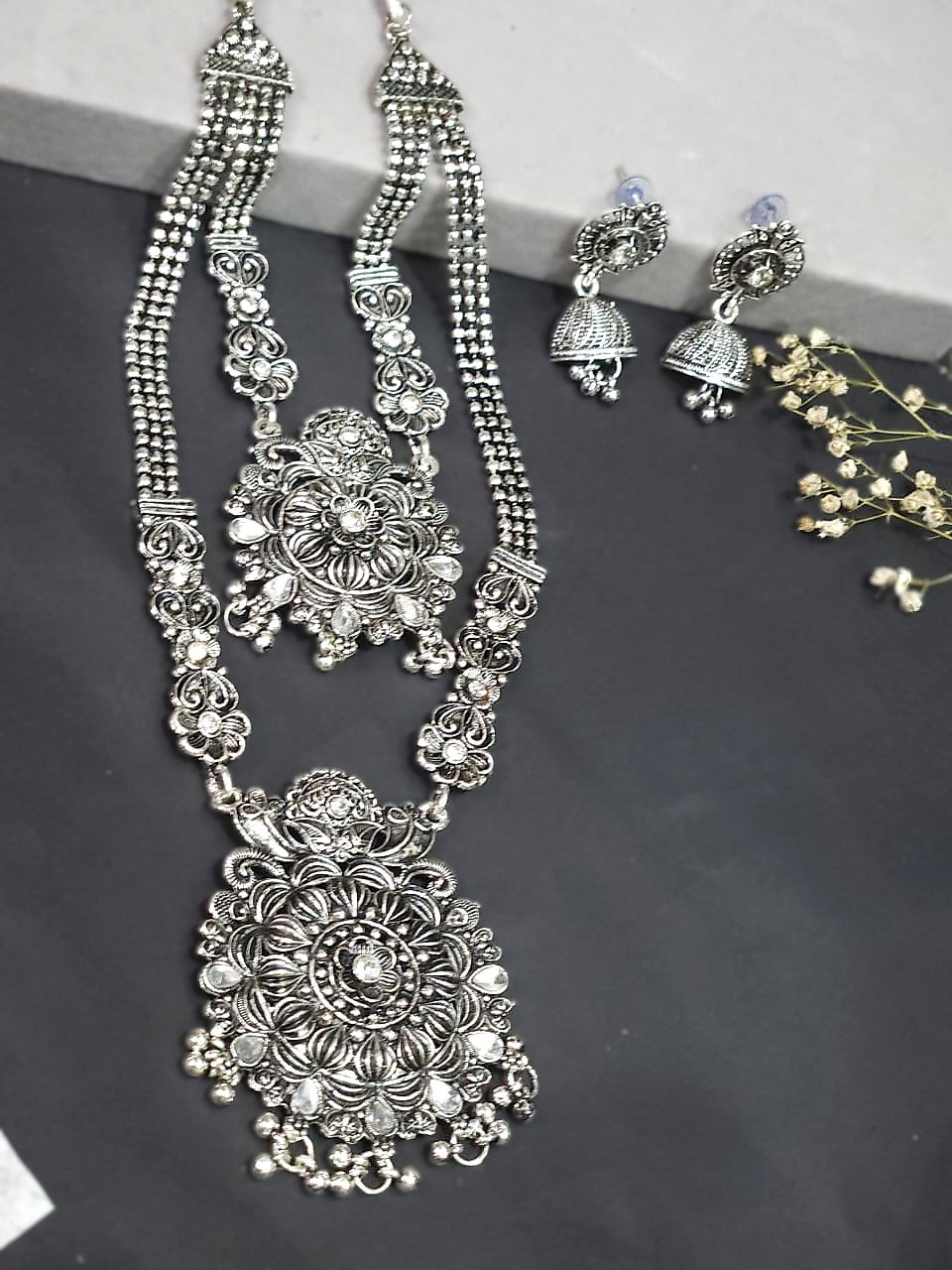 Antique Oxidized Double Layer Long Necklace Set