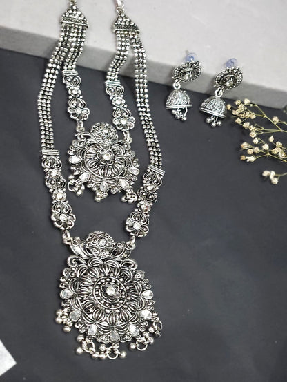 Antique Oxidized Double Layer Long Necklace Set