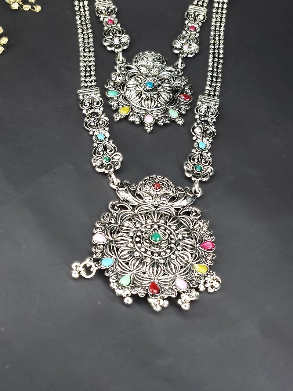 Multicolor Oxidized Double Layer Long Necklace Set - Green & Blue