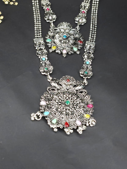 Multicolor Oxidized Double Layer Long Necklace Set - Green & Blue