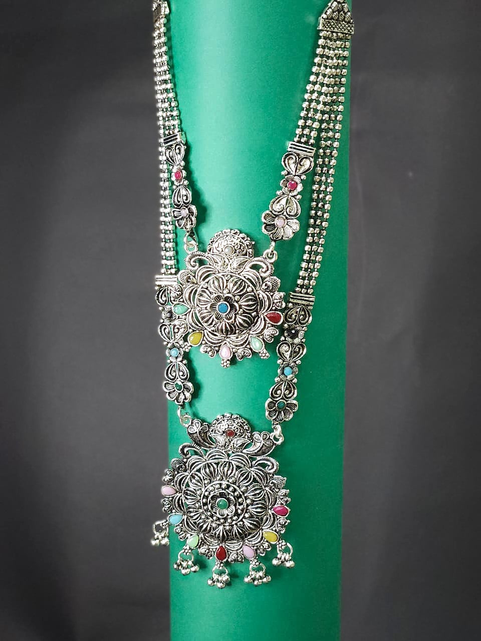Multicolor Oxidized Double Layer Long Necklace Set - Green & Blue