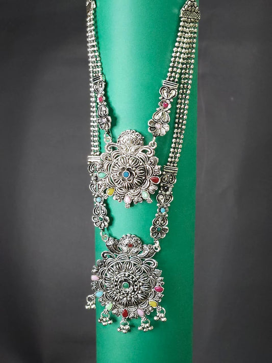 Multicolor Oxidized Double Layer Long Necklace Set - Green & Blue