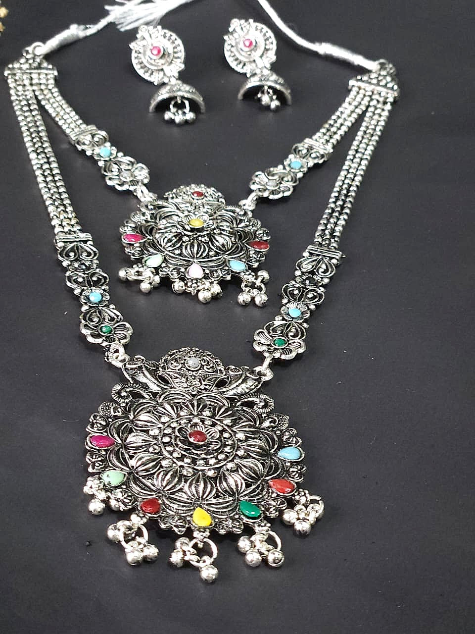 Multicolor Oxidized Double Layer Long Necklace Set - Pink & Yellow