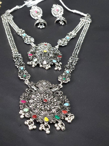 Multicolor Oxidized Double Layer Long Necklace Set - Pink & Yellow