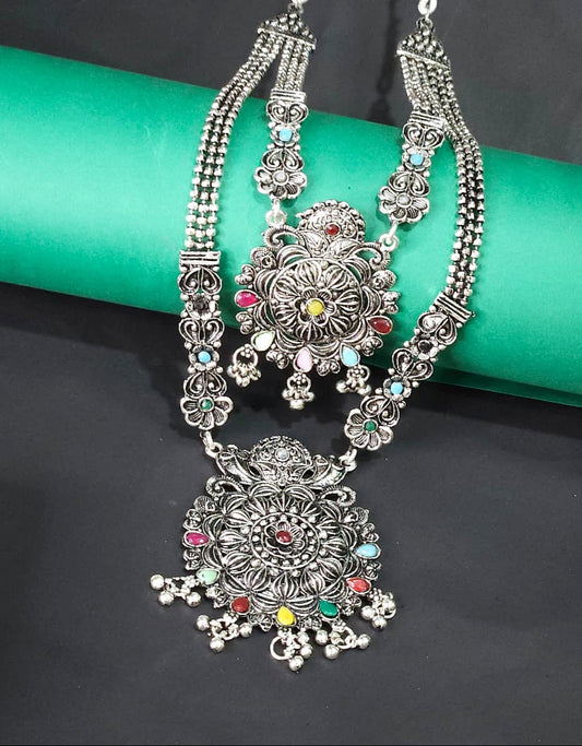 Multicolor Oxidized Double Layer Long Necklace Set - Pink & Yellow