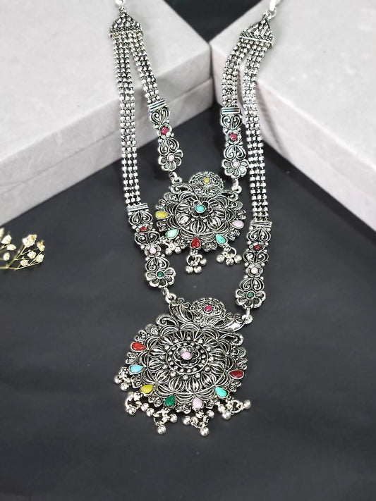 Multicolor Oxidized Double Layer Long Necklace Set - Pink & Blue