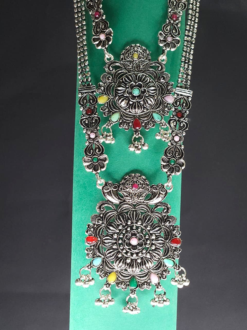 Multicolor Oxidized Double Layer Long Necklace Set - Pink & Blue