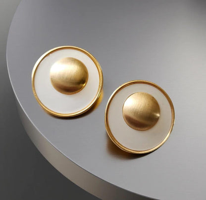 Retro Gold & White Circle Stud Earrings